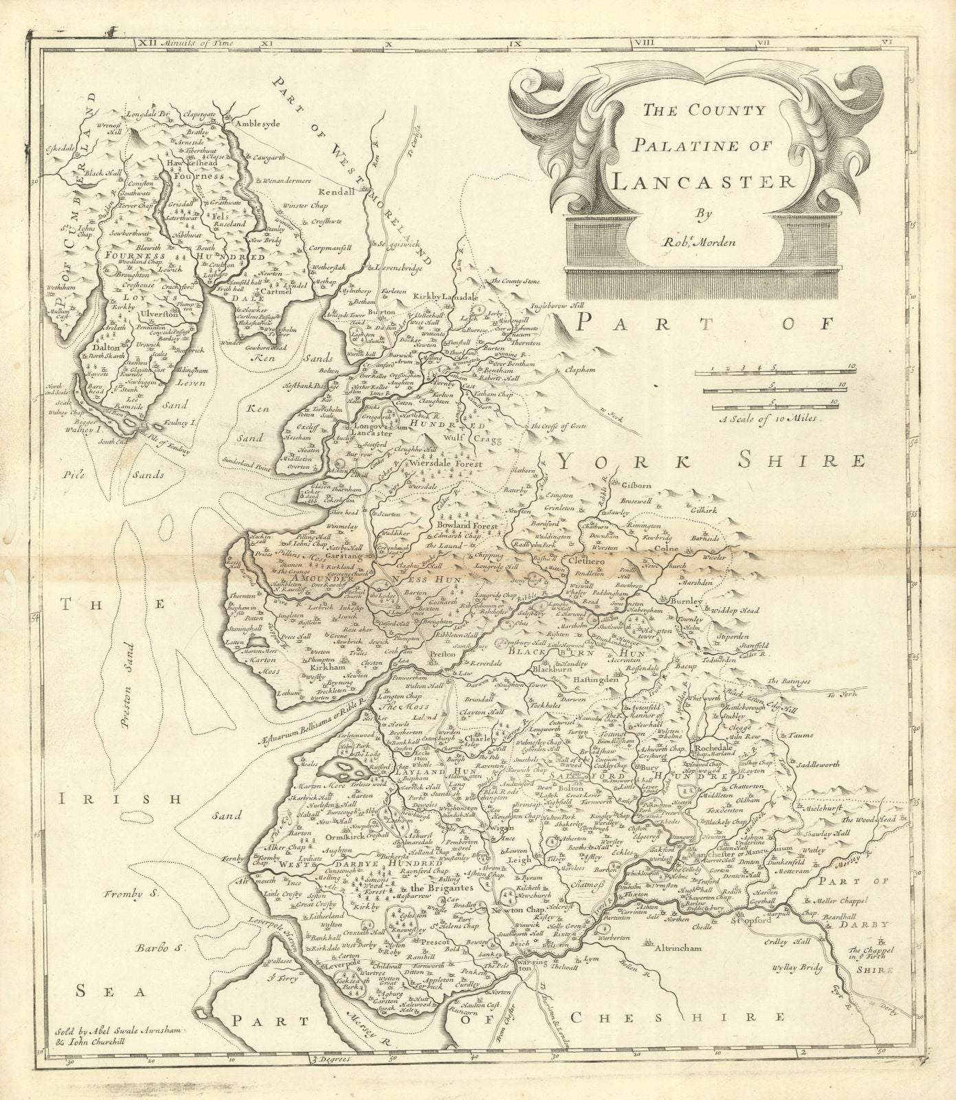 Lancashire. 'THE COUNTY PALATINE OF LANCASTER' by ROBERT MORDEN 1695 old map